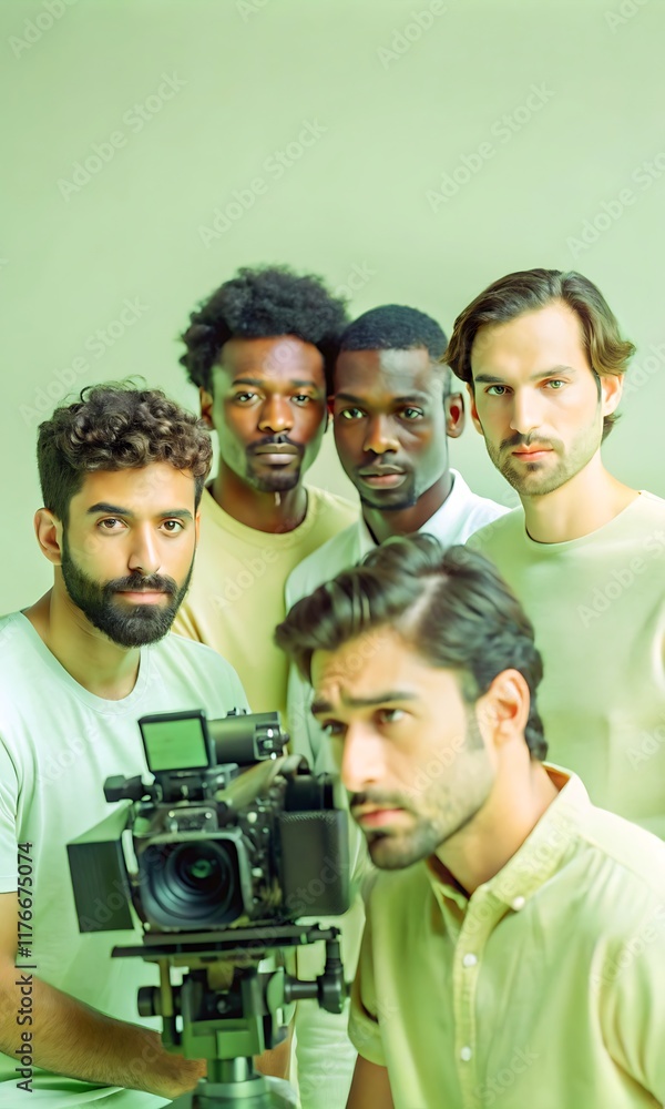 Fototapeta premium Professional diverse filmmakers collaborating in a modern studio. Group of creative male filmmakers working together on a film production project. 