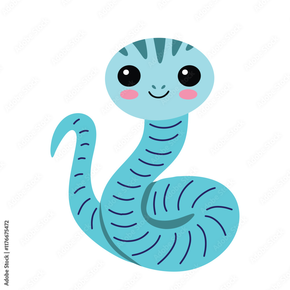 Fototapeta premium simple cute blue snake illustration in childish flat vector style