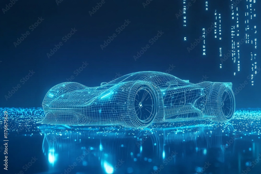 A wireframe sportcar is glowing blue, illuminated by white light in front of it. The background features a dark blue gradient and digital data points floating around the car A wireframe sportcar is glowing blue, illuminated by white light in front of it. The background features a dark blue gradient and digital data points floating around the car