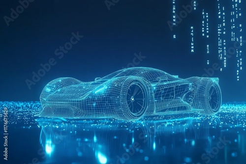 A wireframe sportcar is glowing blue, illuminated by white light in front of it. The background features a dark blue gradient and digital data points floating around the car photo