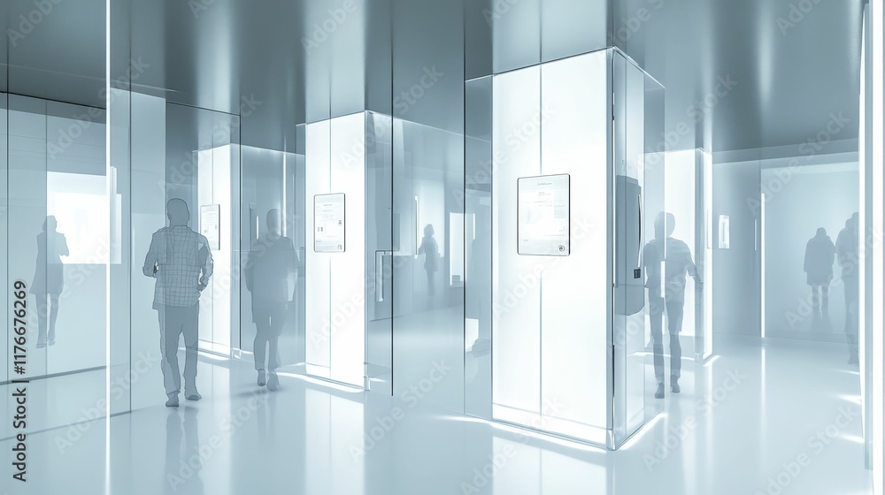Futuristic minimalist hallway; glass partitions, figures walking. Futuristic minimalist hallway; glass partitions, figures walking.