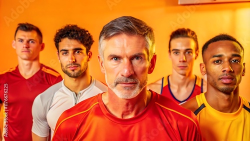 Diverse group of sports coaches and trainers smiling in studio. Professional athletic trainers and fitness experts posing confidently for team portrait.
