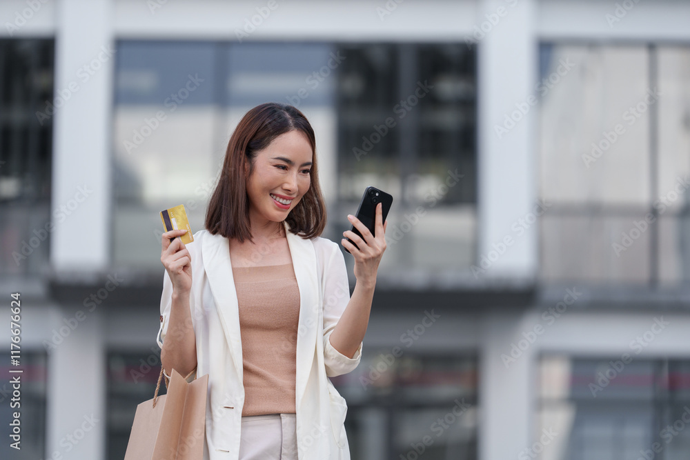 Fototapeta premium Happy, elegant businesswoman holding a shopping bag and credit card, engaging in online shopping with her smartphone against a vibrant urban city backdrop