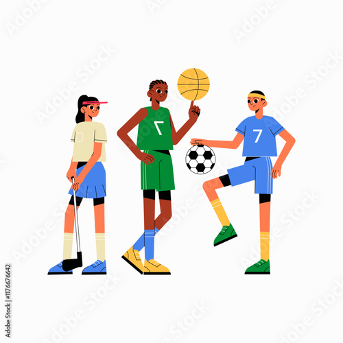 Group of athletes with sports equipment in flat vector illustration symbolizing teamwork, competition, and diverse sports, isolated on white background.