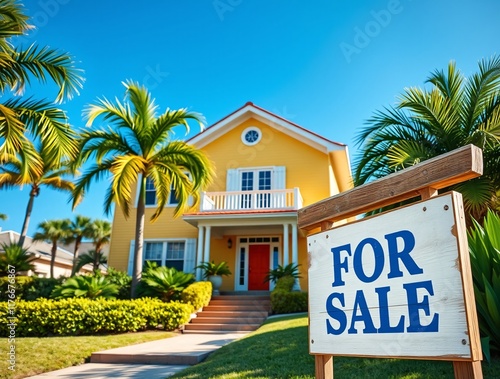 A cheerful yellow house surrounded by palm trees, with a for-sale sign in front indicating real estate opportunities in a tropical and sunny neighborhood.