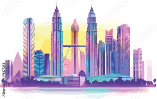 Petronas Towers, Kuala Lumpur,, digital illustration style., isolated on white background, vector art