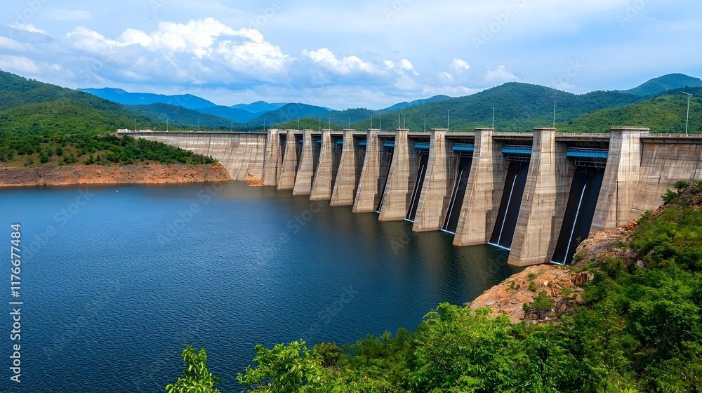 Scenic View of Modern Dam with Reservoir and Mountain Background Scenic View of Modern Dam with Reservoir and Mountain Background