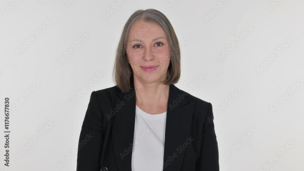 Senior Businesswoman with Okay Sign on White Background Senior Businesswoman with Okay Sign on White Background