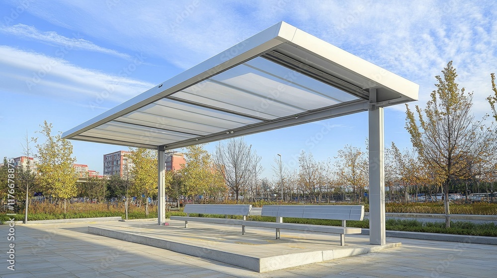 Obraz premium Modern outdoor shelter; benches; paved area; trees; sunny day.