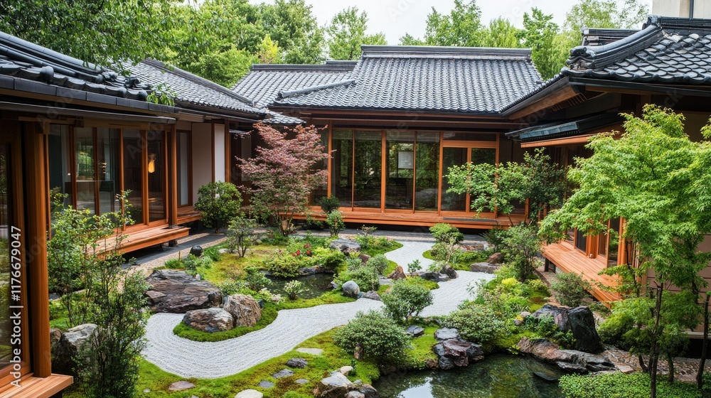 Serene Japanese Garden Courtyard: Tranquil Zen Landscape Design