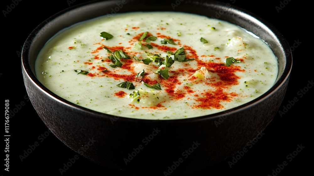 A sprinkle of paprika on cream of broccoli soup, isolated on a black background with bold contrasts A sprinkle of paprika on cream of broccoli soup, isolated on a black background with bold contrasts