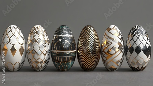 Sleek and chic metallic Easter egg designs with minimalist solid color backgrounds  Stylish contemporary and premium egg featuring modern geometric patterns and chrome gold silver finishes photo