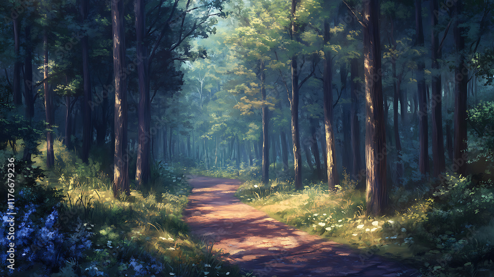 Fototapeta premium Calm forest path leading into the distance surrounded by tall trees and dappled sunlight creating a magical atmosphere 