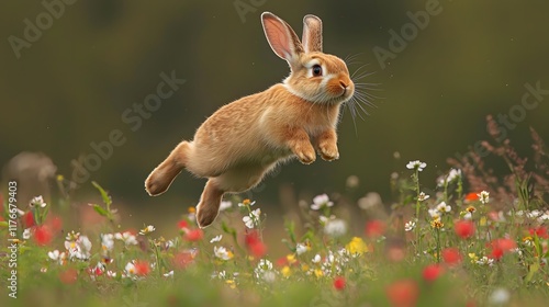 Adorable bunny hopping through a lush meadow filled with a variety of colorful spring flowers including daisies dandelions and other blooming florals  The rabbit is captured in mid leap photo