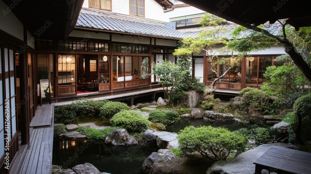 Fototapeta premium Tranquil Japanese Garden Courtyard: A Serene Oasis
