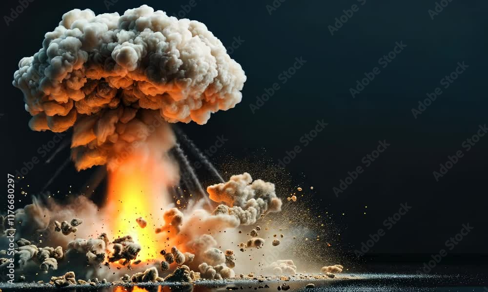 Dramatic explosion with massive smoke cloud and debris, dark background
