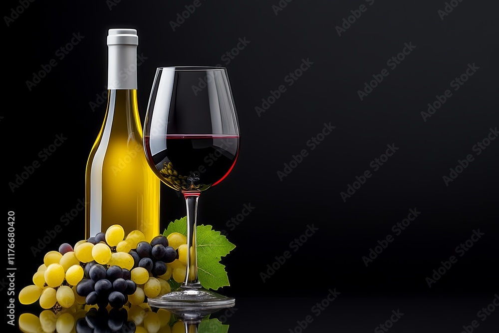 Fototapeta premium Bottle of white wine and a glass of red wine are on a table with some grapes. Concept of relaxation and enjoyment