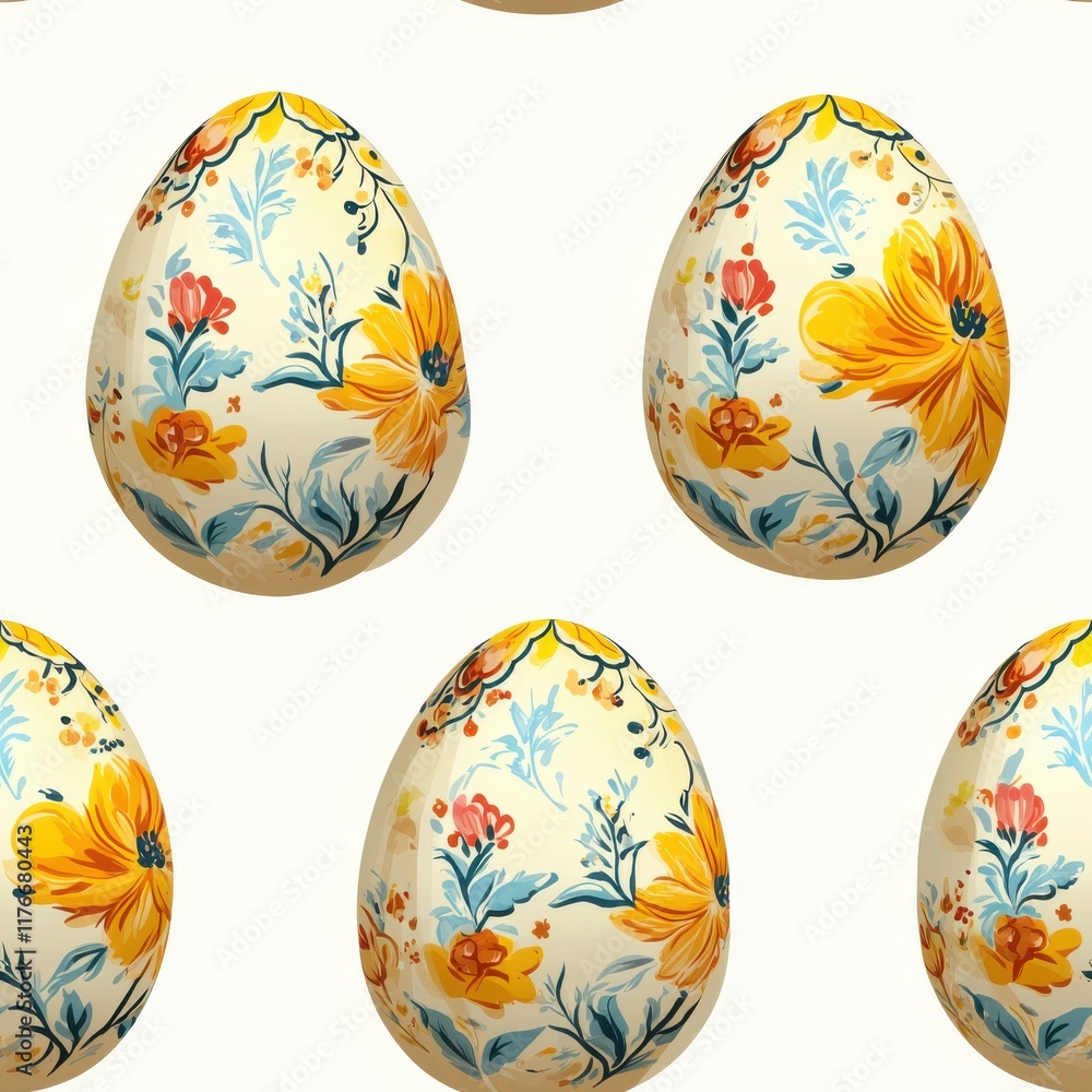 Pastel Easter Egg Pattern A seamless pattern featuring intricately decorated pastel-colored Easter eggs with floral and geometric designs on a light background.