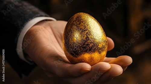 A well manicured hand clad in the refined fabric of a suit securely grasps a gleaming golden egg a timeless symbol of wealth prosperity and the potential for growth and success photo