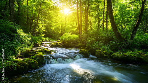 Dense rainforest with vibrant green foliage and a serene river winding through illuminated by soft sunlight 