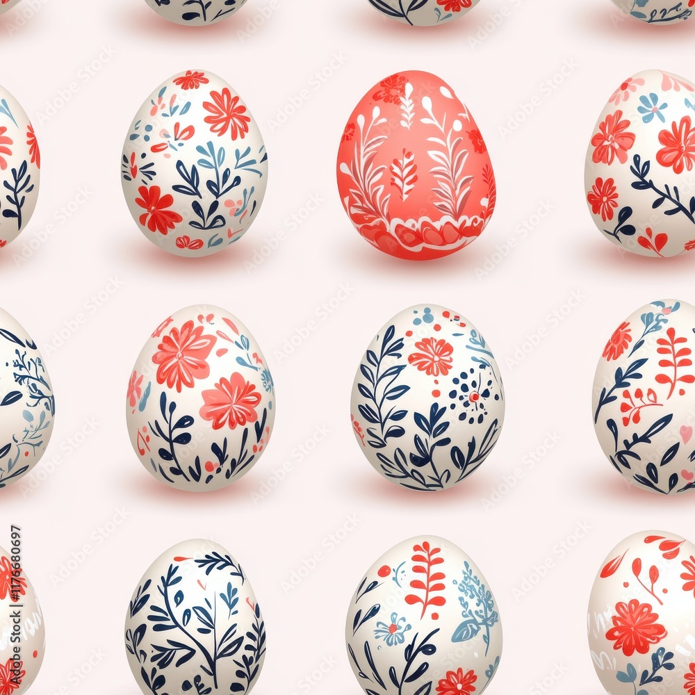 Pastel Easter Egg Pattern A seamless pattern featuring intricately decorated pastel-colored Easter eggs with floral and geometric designs on a light background. Pastel Easter Egg Pattern A seamless pattern featuring intricately decorated pastel-colored Easter eggs with floral and geometric designs on a light background.