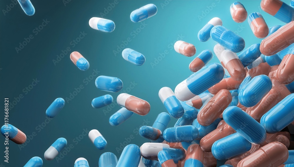 A group of antibiotic pill capsules falling. Healthcare and medical 3D illustration backgroud A group of antibiotic pill capsules falling. Healthcare and medical 3D illustration backgroud