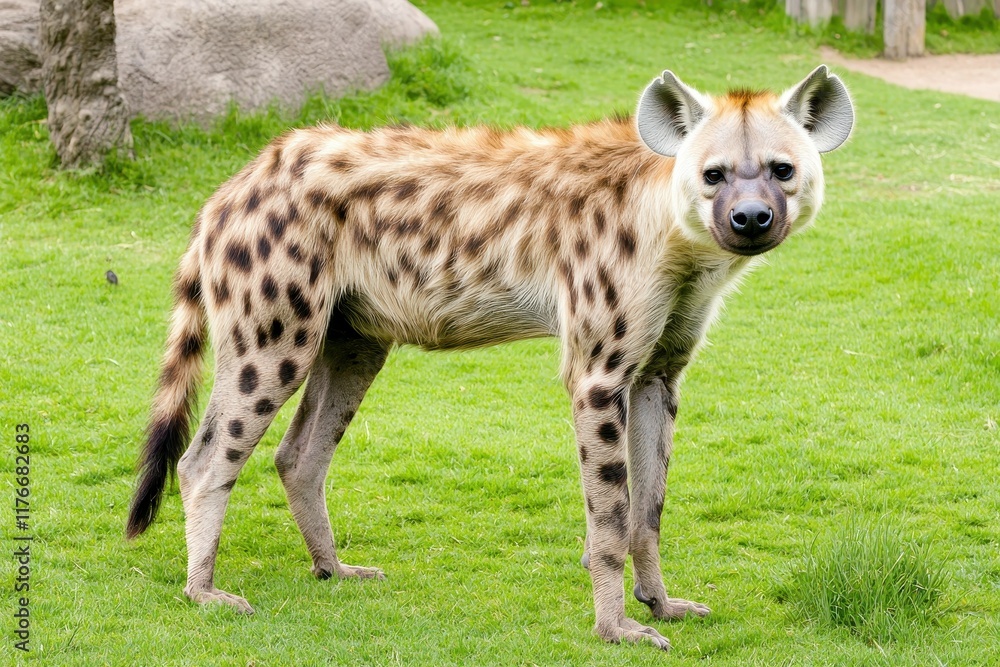 A detailed shot of a hyena with its distinctive spots, standing alert in the bush. 