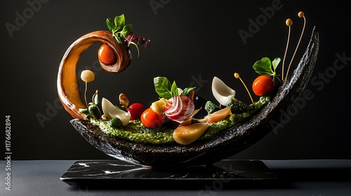 Chef garnishes exquisite dish showcasing culinar photo