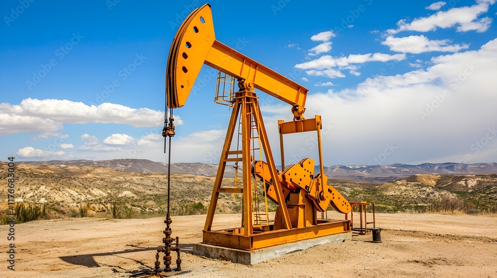 Vibrant Oil Pump Jack Against Blue Sky in Industrial Landscape Vibrant Oil Pump Jack Against Blue Sky in Industrial Landscape