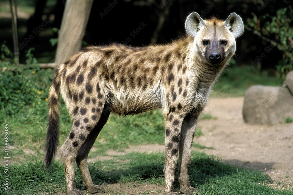 A detailed shot of a hyena with its distinctive spots, standing alert in the bush. A detailed shot of a hyena with its distinctive spots, standing alert in the bush.