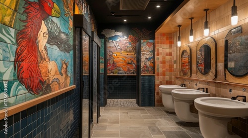 Ornate restroom with colorful murals, tiled walls, sinks.