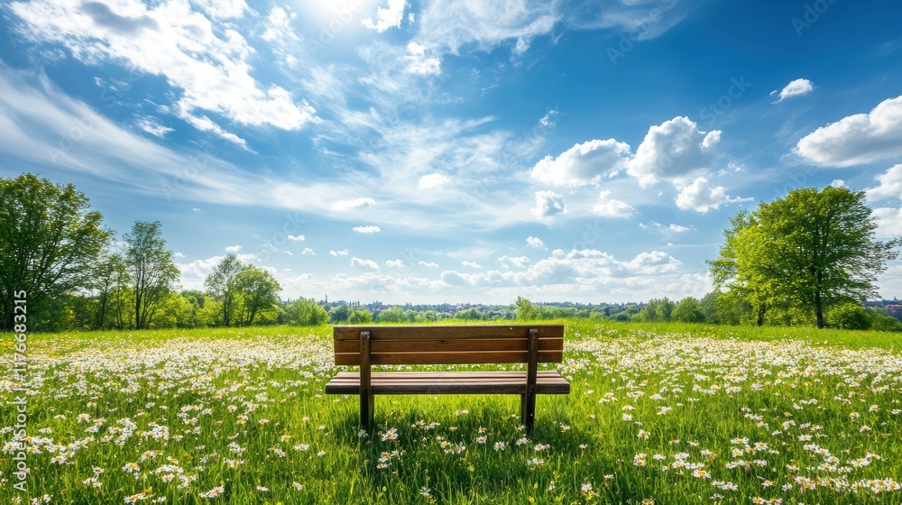 Spring Meadow with Wildflowers and Picnic Bench Under a Blue Sky Spring Meadow with Wildflowers and Picnic Bench Under a Blue Sky