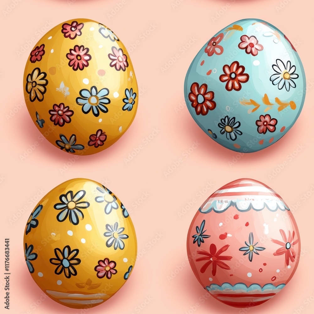 Pastel Easter Egg Pattern A seamless pattern featuring intricately decorated pastel-colored Easter eggs with floral and geometric designs on a light background. Pastel Easter Egg Pattern A seamless pattern featuring intricately decorated pastel-colored Easter eggs with floral and geometric designs on a light background.
