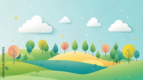 Paper art style landscape with colorful trees, hills, lake, and clouds.