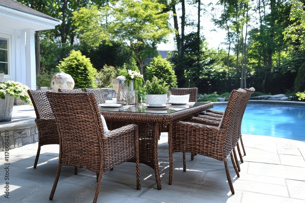 Outdoor dining set with brown wicker, rectangular glass-top table, and six chairs, perfect for summer dining by the pool or on the patio.