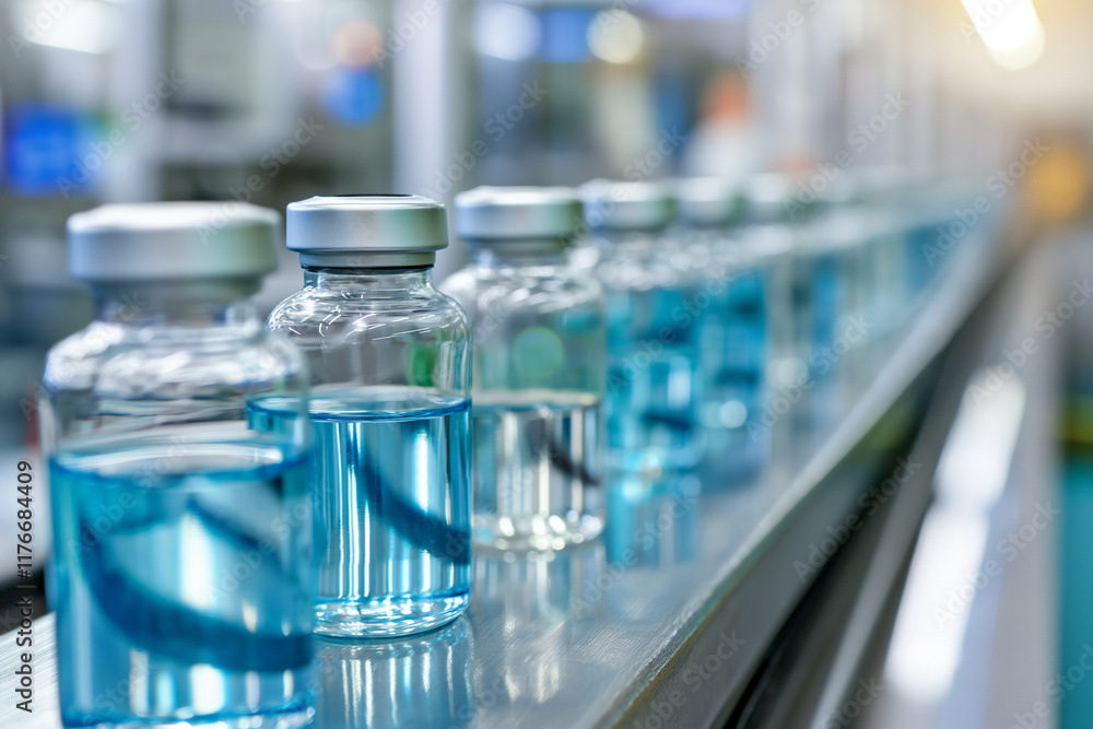 A line of glass vials filled with clear liquid on an industrial conveyor belt in the lab, representing medical research and science innovation concept.
A line of glass vials filled with clear liquid on an industrial conveyor belt in the lab, representing medical research and science innovation concept.