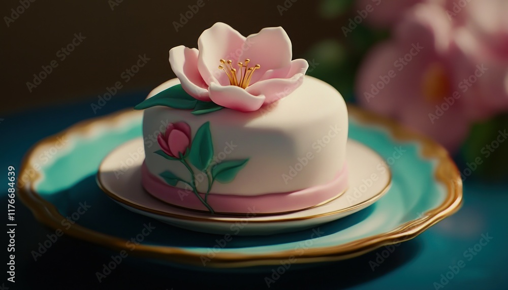 Pink flower cake dessert, studio shot, elegant setting, floral background, culinary Pink flower cake dessert, studio shot, elegant setting, floral background, culinary