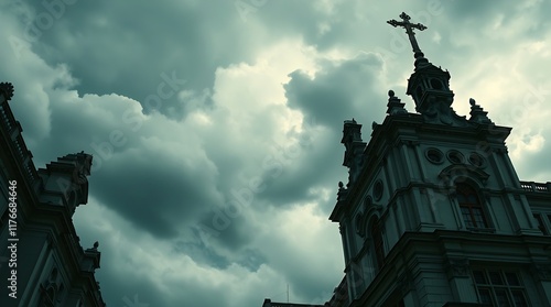 A dramatic cinematic photograph of precise architectural details, intense stormy skies meeting a high-tension atmosphere. Film-like composition and lighting, sharp lines, detailed structures, 