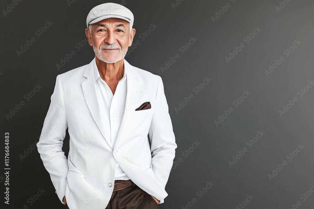 Man in a white jacket and hat is smiling. He is wearing a white shirt and brown pants Man in a white jacket and hat is smiling. He is wearing a white shirt and brown pants