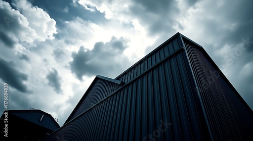 High contrast color photograph of architecture under a dramatic stormy sky, emphasizing sharp lines and detailed textures, cinematic wide angle composition, film grain effect.