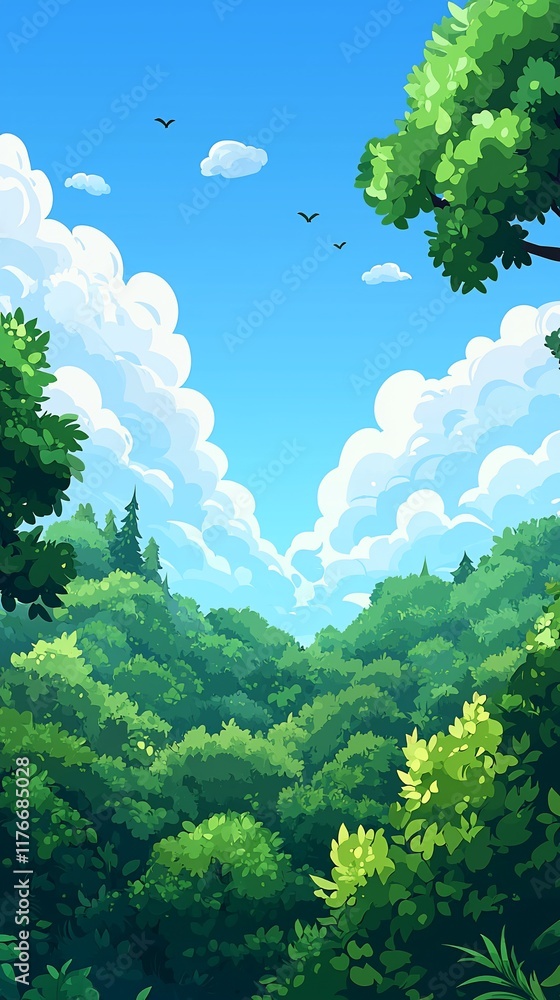 Obraz premium Lush green forest valley under a vibrant blue sky with fluffy clouds and birds.