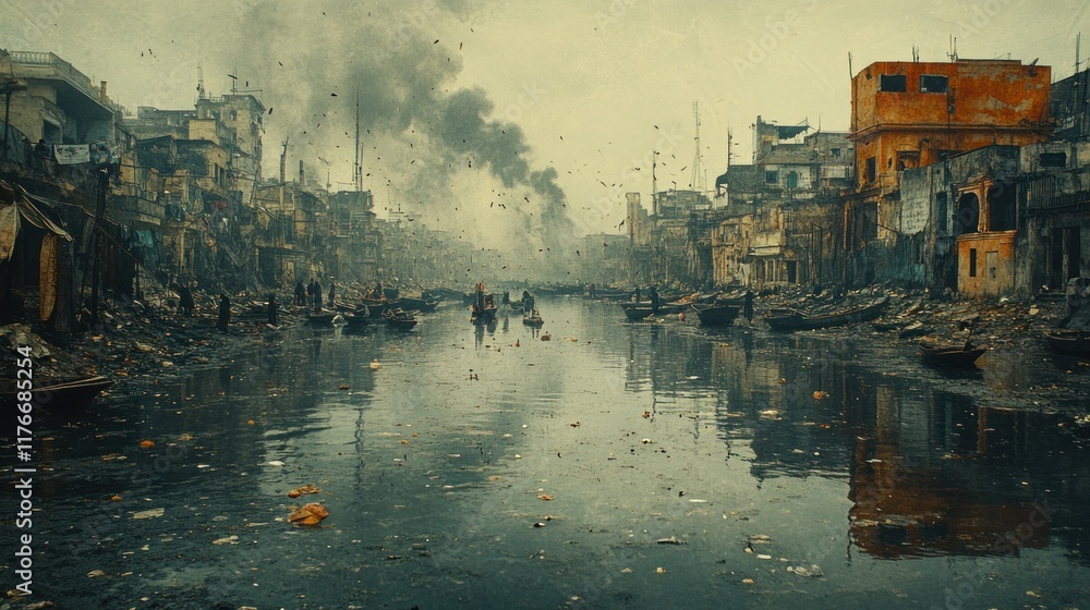 Fototapeta premium Polluted canal, dilapidated buildings, boats, smoke.