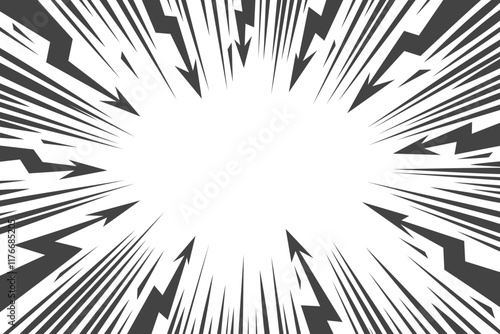 Cartoon comic background with lightning burst effect. Vector manga graphic with flash and abstract thunder. Energy explosion frame with electric light. Radial perspective monochrome beams