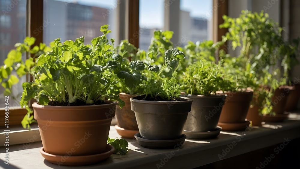 Sunlit Indoor Garden With Potted Herbs Thriving on a Windowsill Surrounded by Natural Light Sunlit Indoor Garden With Potted Herbs Thriving on a Windowsill Surrounded by Natural Light