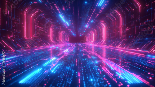 A futuristic abstract vector featuring glowing lines and tech-inspired patterns, shades of neon blue and purple on a dark background, sleek and high-tech feel