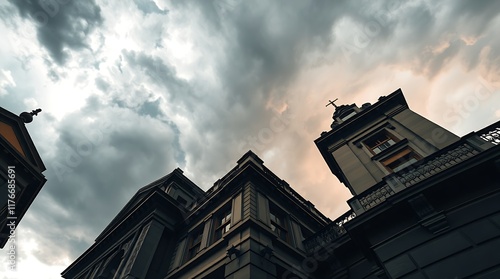 Wide-angle color photograph of architecture under a dramatically stormy sky. Sharp lines, detailed structures, and cinematic lighting create a high-tension atmosphere. Focus on precise architectural 