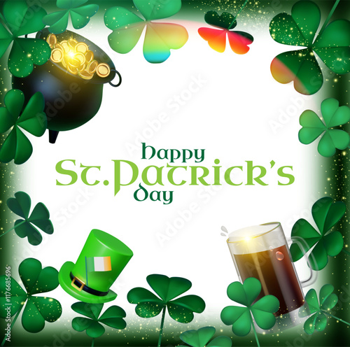 Happy St.Patrick's day design template with cauldron of gold beer mug, shamrock and leprechaun hat. Lucky Irish design