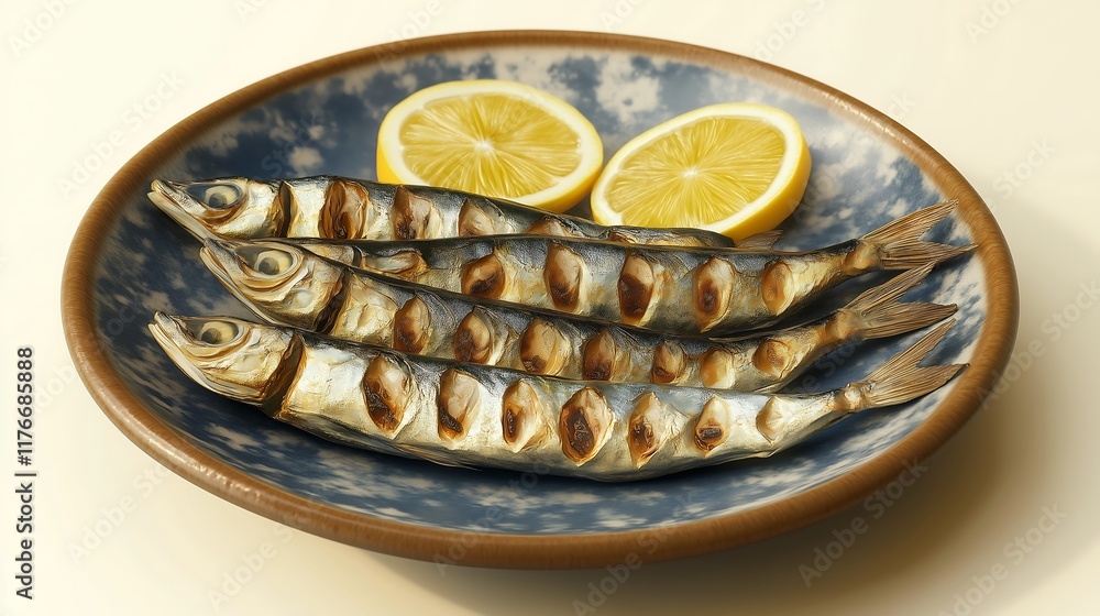 Grilled sardines on a plate with lemon slices, rich in omega-3s, brain-healthy diet concept. Grilled sardines on a plate with lemon slices, rich in omega-3s, brain-healthy diet concept.