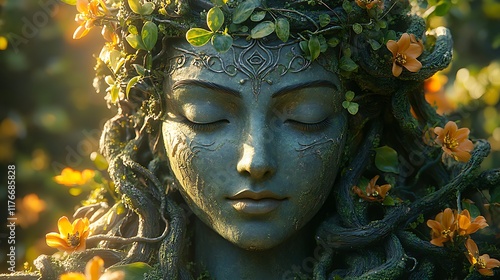Serene statue of a nature goddess surrounded by flowers and greenery.
