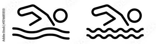 Swimming vector icon set with water waves. Editable stroke.